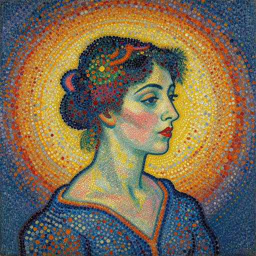 Digital mosaic portrait of a woman with red hair, blue eyes, and red lips, wearing a blue garment, with a glowing yellow-orange halo background.