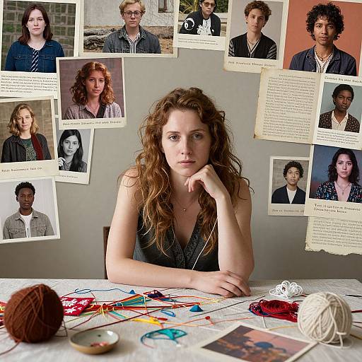 Photograph of a red-haired woman with curly hair, wearing a black top, sitting at a table with yarn, scissors, and photos of diverse individuals