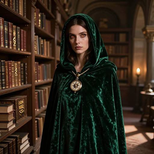 Photograph-style digital art of a serious, dark-haired woman in a lush green velvet cloak with a compass pendant, standing in a dimly lit,