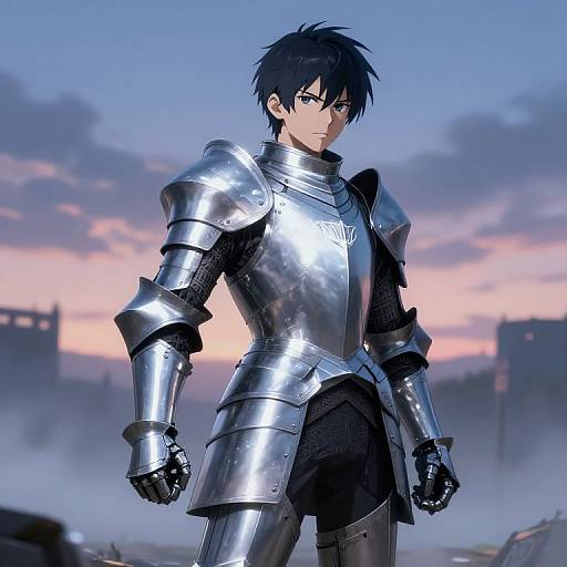 Digital anime-style drawing of a serious young man with black hair, wearing shiny silver armor, standing against a twilight sky with clouds and ruins in the background