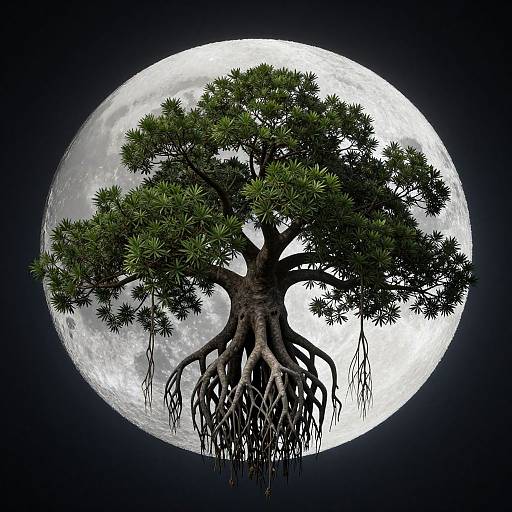 Digital artwork of a large, rooted bonsai tree with green foliage, floating against a bright full moon in a black night sky.