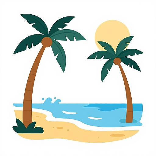 Cartoon-style illustration of two tall, brown palm trees with green leaves, standing on a sandy beach with a bright yellow sun and blue ocean in the