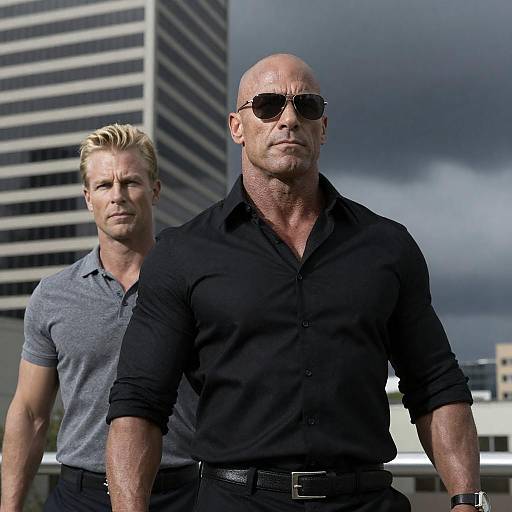 Two Men with Serious Expressions in Urban Setting