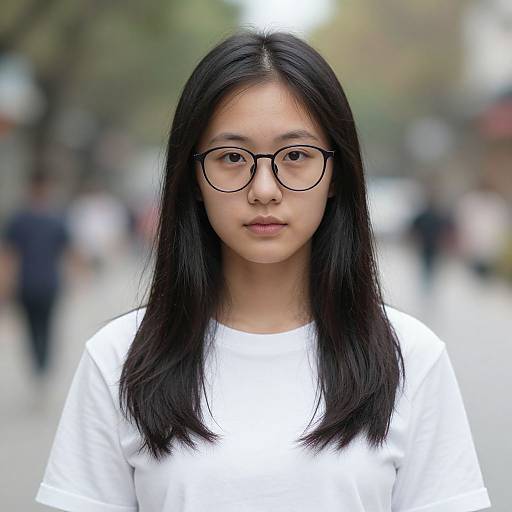 Photograph of an Asian woman with straight black hair, wearing large black glasses and a white shirt, standing in a blurred urban street.