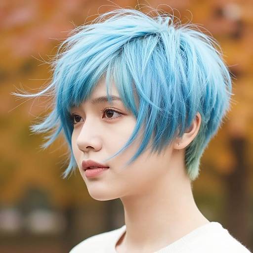 Photograph of an androgynous young person with short, bright blue, shaggy hair, fair skin, and subtle makeup, wearing a