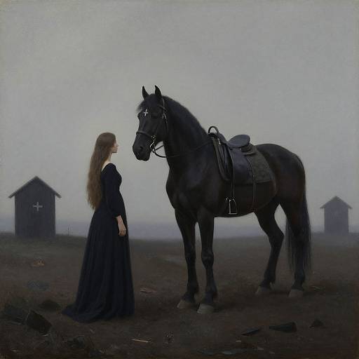 Mysterious painting: Long-haired woman in black dress kneels beside a dark, saddled horse on foggy, desolate field with two small wooden
