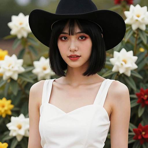 Photograph of an Asian woman with black bob, black hat, white tank top, standing in front of blooming white, yellow, and red flowers