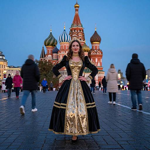 Photograph of a woman in a black and gold Renaissance-style dress, standing in front of the illuminated Kremlin at twilight, with blurred pedestrians in the background