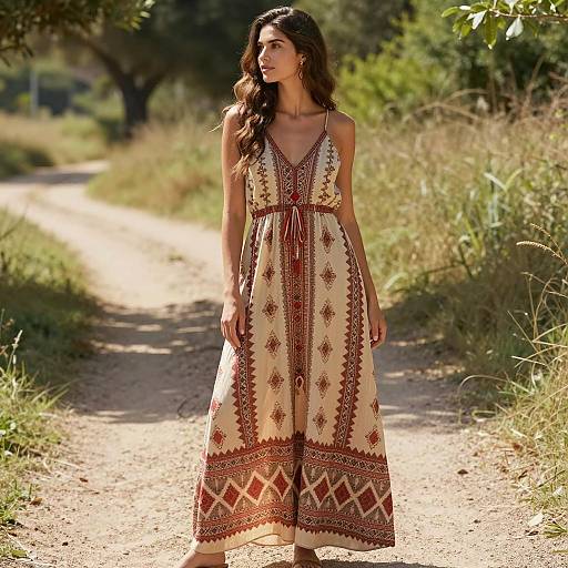 Woman in Beige Boho Dress on Dirt Path