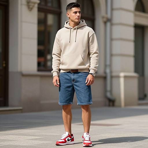 Photograph of a young man with short black hair, wearing a beige hoodie, blue denim shorts, and red and white sneakers, standing on a sun