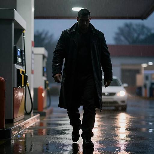 Man in Dark Coat Walking at Rainy Gas Station