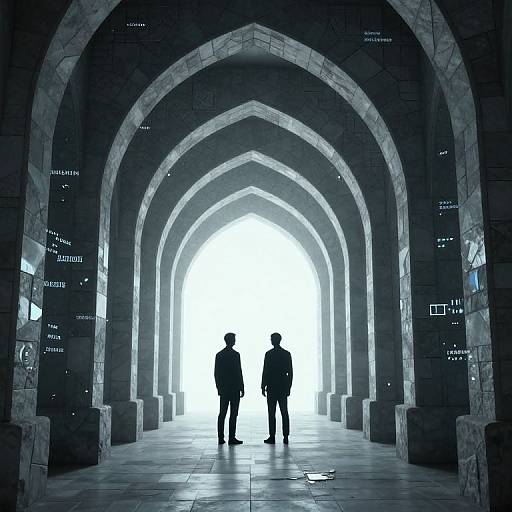Photograph of two silhouetted men standing under a series of dark, stone arches, with bright white light illuminating the background.