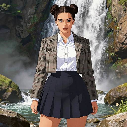 Digital art of a confident woman with dark hair in buns, wearing a plaid blazer, white shirt, and black skirt, standing in front