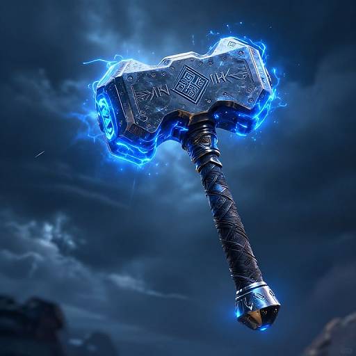 Photorealistic CGI of a glowing blue, enchanted, ornate war hammer with intricate patterns, hovering in a stormy night sky.