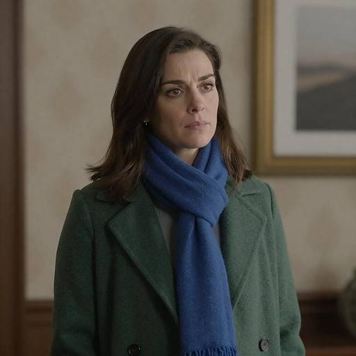 Woman in Green Coat and Blue Scarf Indoors