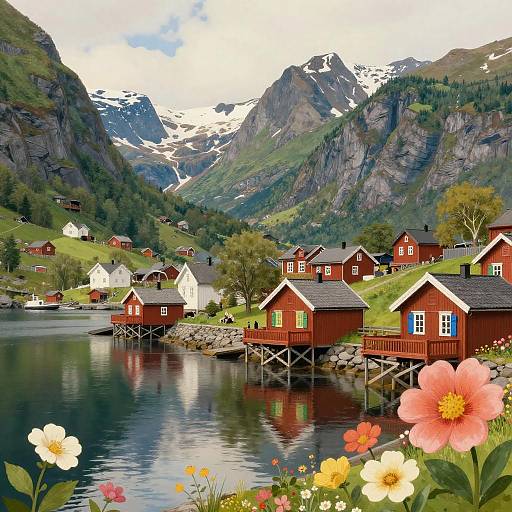 Charming Nordic Fjord Village Illustration