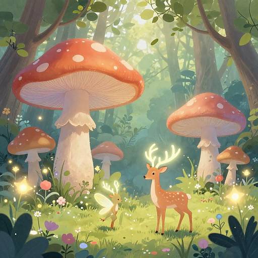 Whimsical forest scene with glowing fireflies, fairy lights, red-spotted mushrooms, and two deer among vibrant flowers and lush greenery. Digital