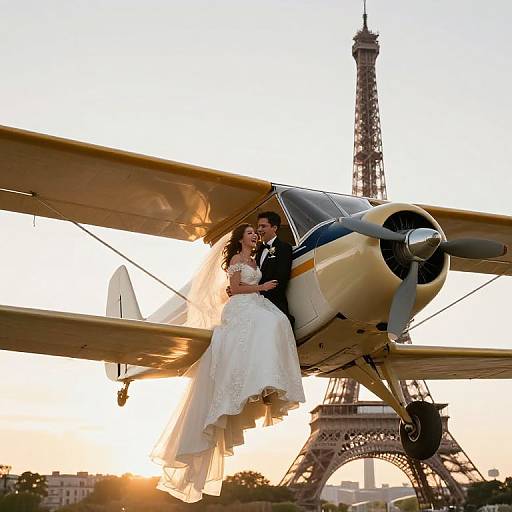 Photograph of a bride in a white dress and groom in a black suit sitting on a vintage plane with the Eiffel Tower in the sunset background