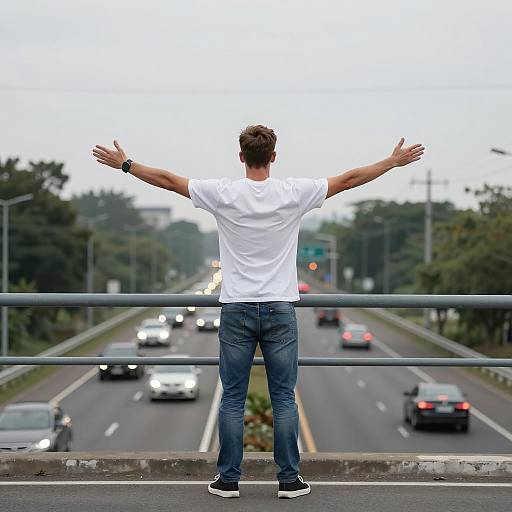 Man Posing on Overpass with Urban Scene
