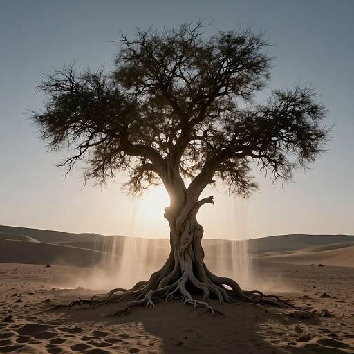 Ethereal Tree in Desert at Sunset
