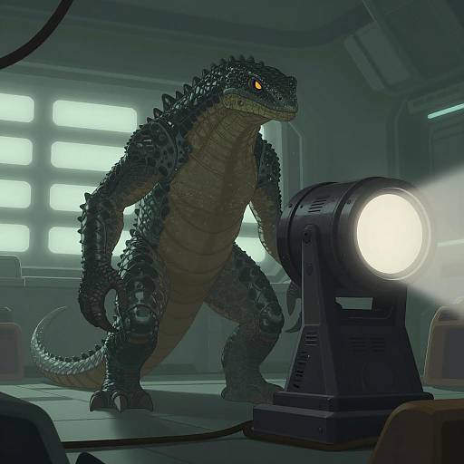 Futuristic Reptilian Creature in Dimly Lit Room