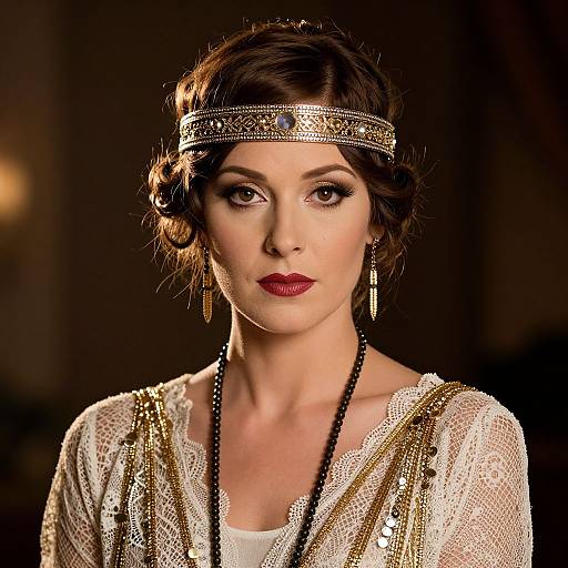 Vintage-style photograph of a fair-skinned woman with dark, wavy bob hair, wearing a jeweled headband, red lipstick, and a gold
