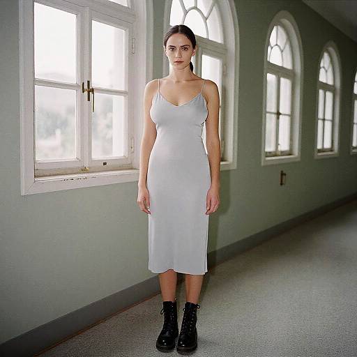 Photograph of a slender woman with dark hair in a white, sleeveless, knee-length dress, black boots, standing in a sunlit hallway with