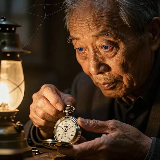 Photograph of an elderly Asian man with weathered skin and blue eyes, intensely examining a pocket watch by a glowing lantern.