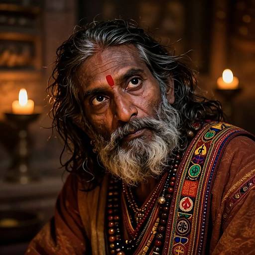 Photograph of a weathered, grey-bearded Indian man with a red forehead dot, wearing ornate, colorful traditional attire, illuminated by warm candle