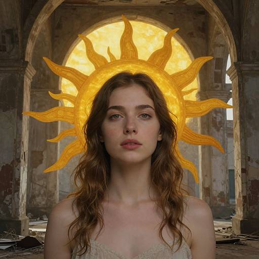 Photograph of a young woman with wavy brown hair, wearing a lace top, featuring a glowing, golden sun halo against a ruined, arched