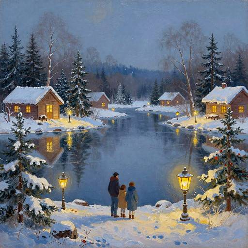 Christmas Snowy Lake Landscape Painting