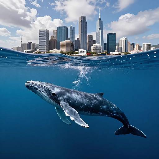 Photograph of a large whale underwater in front of a city skyline with skyscrapers and blue sky with clouds.