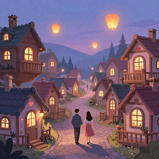 Digital illustration of a romantic evening village scene with glowing houses, floating lanterns, and a couple walking down a cobblestone path.