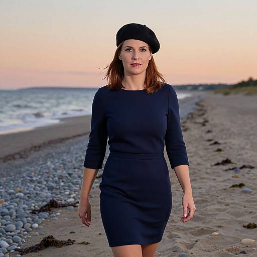 Photograph of a woman with light skin and brown hair, wearing a black beret and navy dress, walking on a pebbled beach at sunset