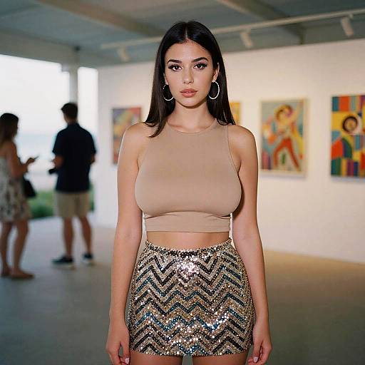 Photograph of a young woman with long black hair, wearing a beige crop top and sequined chevron skirt, standing in an art gallery with blurred