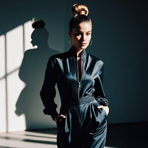 Fashion model with high bun hairstyle in sleek jumpsuit