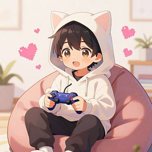 Anime-style drawing of a cute boy with black hair, brown eyes, wearing a white cat-hoodie, playing a blue game controller, sitting on