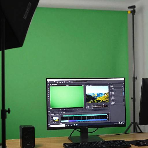 Photograph of a computer workstation with a green background, black monitor, editing software on screen, keyboard, and small speaker.