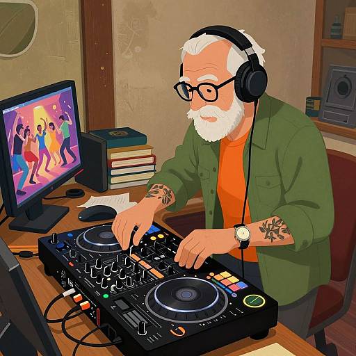 Digital illustration of an older, bearded man with white hair, glasses, and headphones, DJing in a room with a computer showing a colorful animated