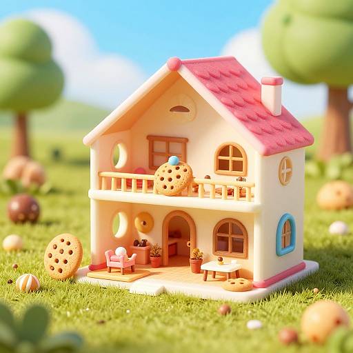 Photograph of a colorful, two-story toy house with a red roof, cookie-shaped decorations, and a small porch, set in a sunny, grass