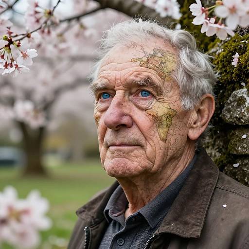 Photograph of elderly man with white hair, blue eyes, and map on face, standing among blooming cherry blossoms, wearing brown jacket.