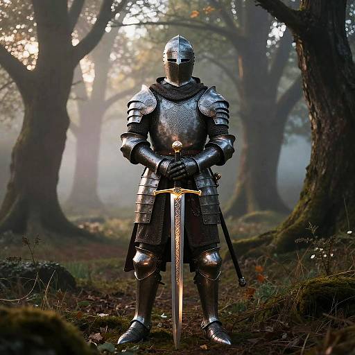 Photorealistic digital art of a medieval knight in full steel armor, holding a sword, standing in a misty forest. Sunlight filters through trees