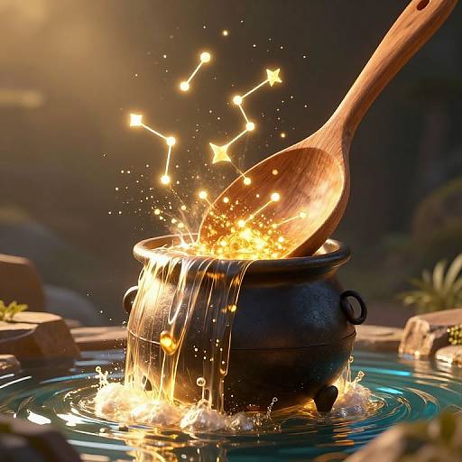 Photograph of a glowing cauldron in water, with sparks and stars, a wooden spoon stirring, surrounded by blurry stones.