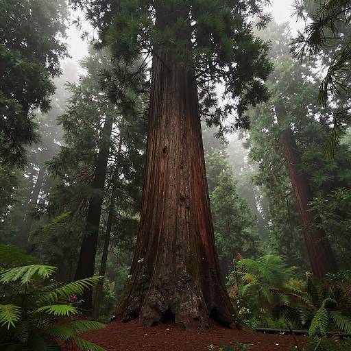 Giant Redwood in Misty Forest
