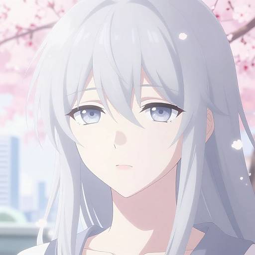 Anime-style digital drawing of a pale-skinned girl with long, silver-blue hair and large, blue eyes, set against a blurred cherry blossom background.