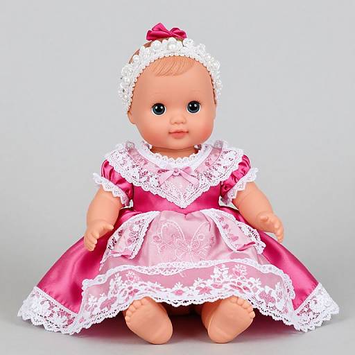 Photograph of a realistic baby doll with large blue eyes, wearing a pink satin dress with white lace trim and a white lace headband with a pink