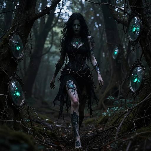 Dark forest photograph of a mysterious, glowing-eyed woman with long black hair, wearing tattered black clothing and intricate tattoos, surrounded by glowing teal orbs.
