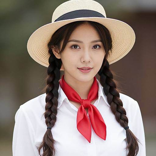 Photograph of an Asian woman with long black braids, wearing a straw hat, white shirt, and red neckerchief, smiling softly.