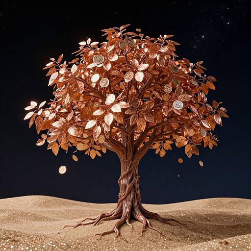 Photorealistic CGI image of a glowing, leafy tree with coins instead of fruit, standing on a sandy desert under a starry night sky.