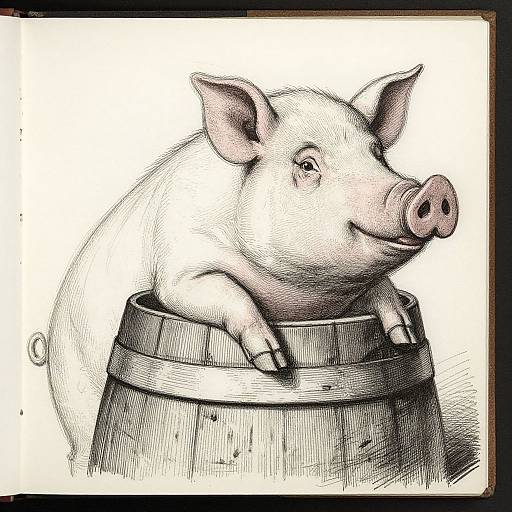 Ink drawing of a cute pig with a pink snout and small ears, sitting playfully in a wooden barrel.